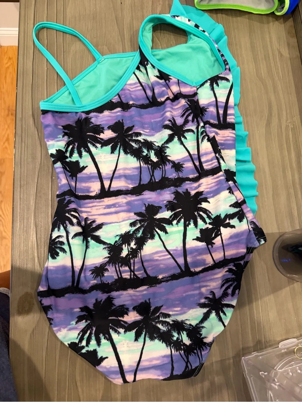 Girls Tropical Palm Ruffle One-Piece Swimsuit - Teal & Purple Sunset